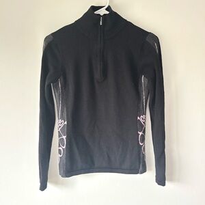 SmartWool 1/4 Zip Pullover Black with Pink Swirls 100% Merino Wool Outdoor